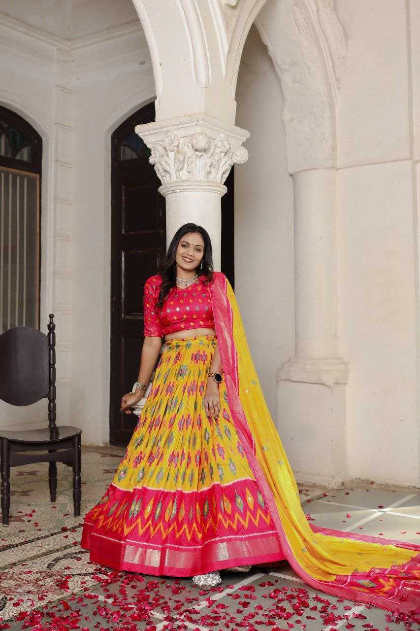 Vibrant Patola Dola Silk Lehenga Set – Stitched Lehenga | Unstitched Blouse | Printed Dupatta