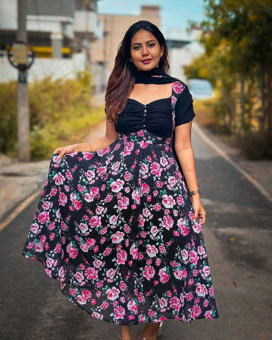 Faux Georgette Maxi Dress – Midnight Rose Garden Edition