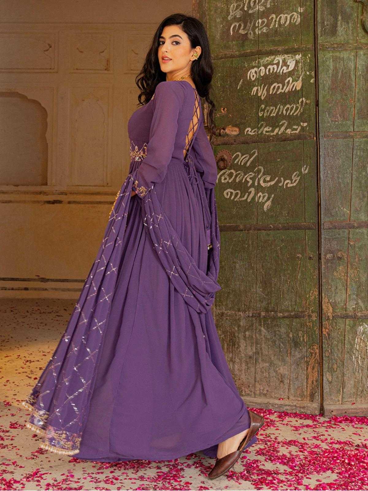 LayrLuxe “Royal Amethyst Georgette Gown Set” – Embroidered Gown with Dupatta