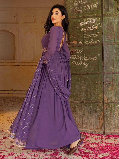 LayrLuxe “Royal Amethyst Georgette Gown Set” – Embroidered Gown with Dupatta