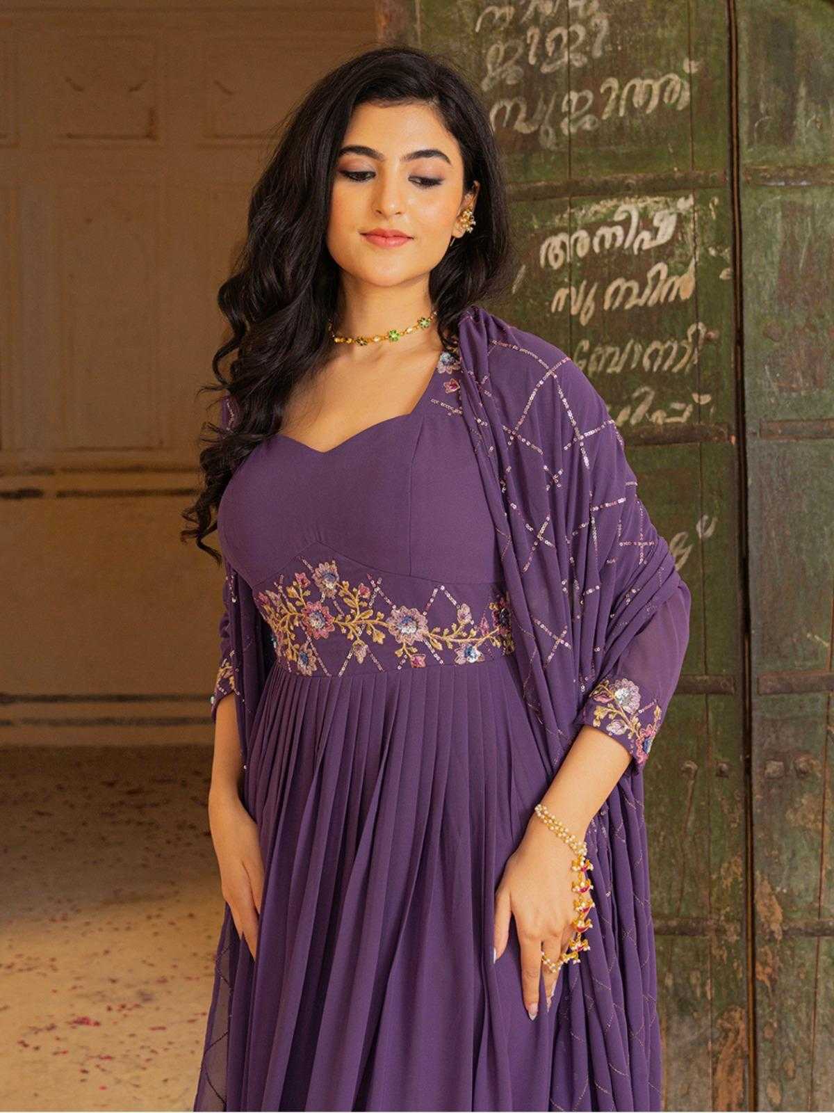 LayrLuxe “Royal Amethyst Georgette Gown Set” – Embroidered Gown with Dupatta
