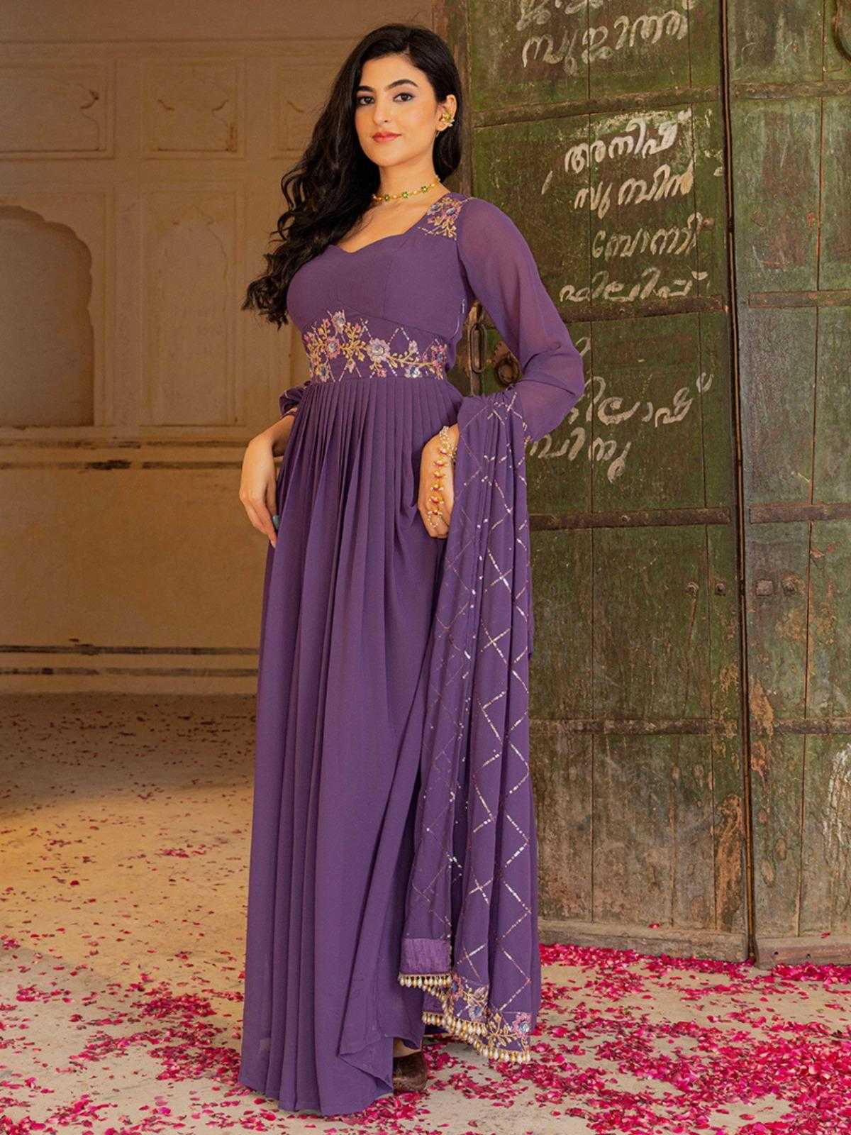 LayrLuxe “Royal Amethyst Georgette Gown Set” – Embroidered Gown with Dupatta