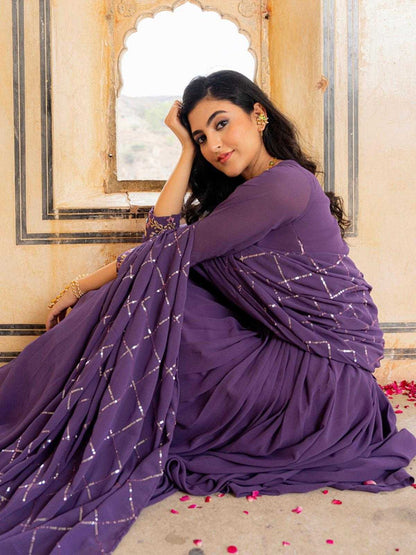 LayrLuxe “Royal Amethyst Georgette Gown Set” – Embroidered Gown with Dupatta