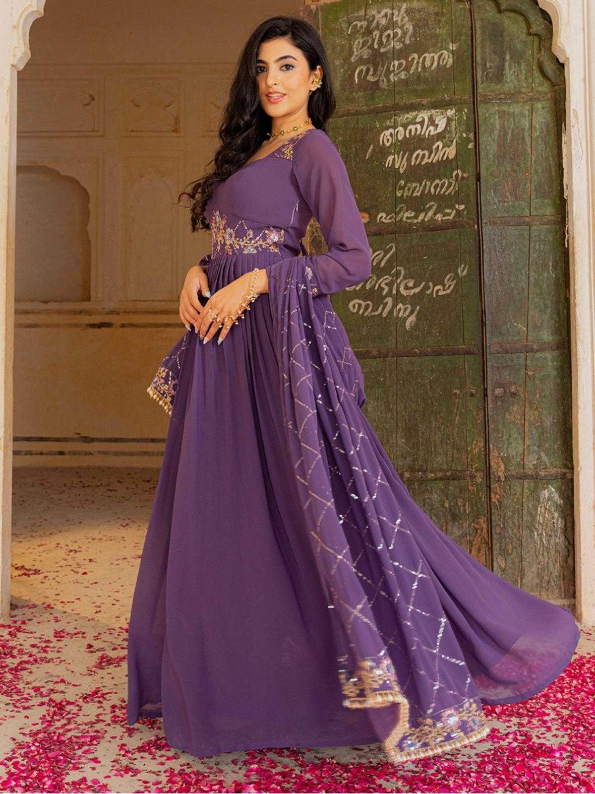 LayrLuxe “Royal Amethyst Georgette Gown Set” – Embroidered Gown with Dupatta
