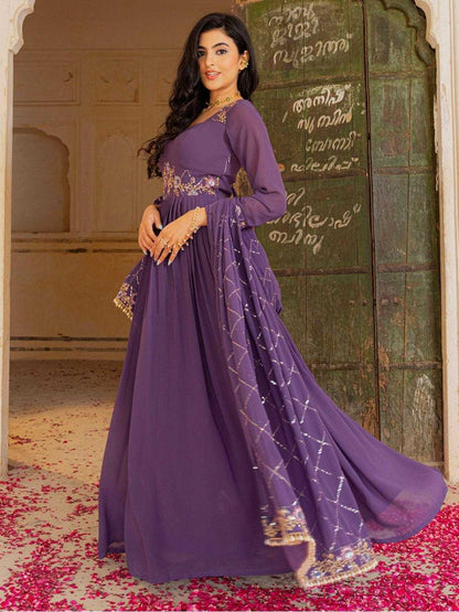 LayrLuxe “Royal Amethyst Georgette Gown Set” – Embroidered Gown with Dupatta