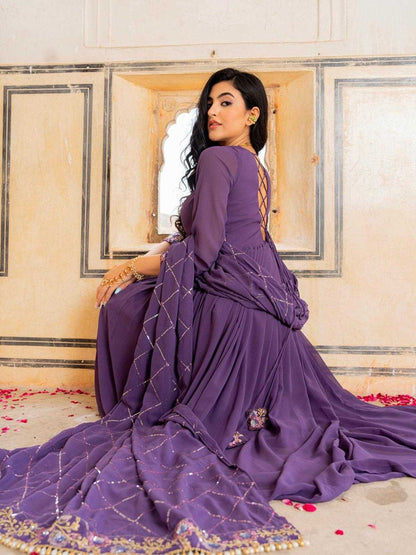 LayrLuxe “Royal Amethyst Georgette Gown Set” – Embroidered Gown with Dupatta