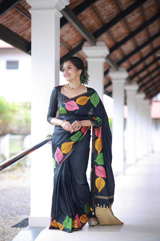 Soft Lichi Silk Printed Saree – Leafy Elegance Edition