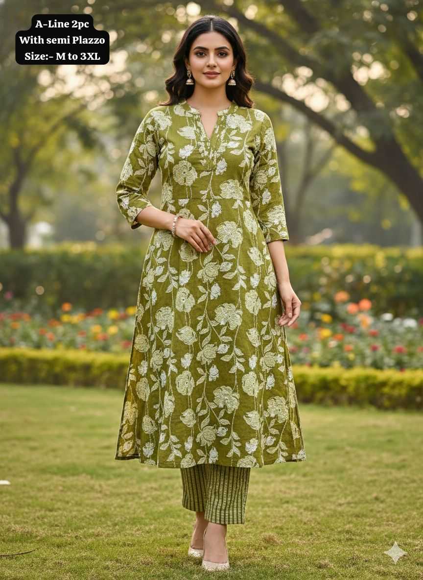 Heavy Maslin A-Line Kurti Set – Olive Floral Elegance Edition