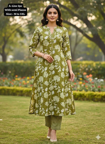 Heavy Maslin A-Line Kurti Set – Olive Floral Elegance Edition