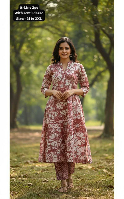 Heavy Maslin A-Line Kurti Set – Olive Floral Elegance Edition