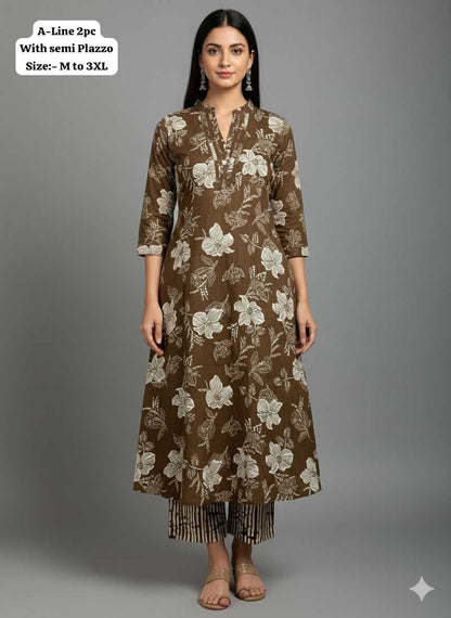 Heavy Maslin A-Line Kurti Set – Olive Floral Elegance Edition