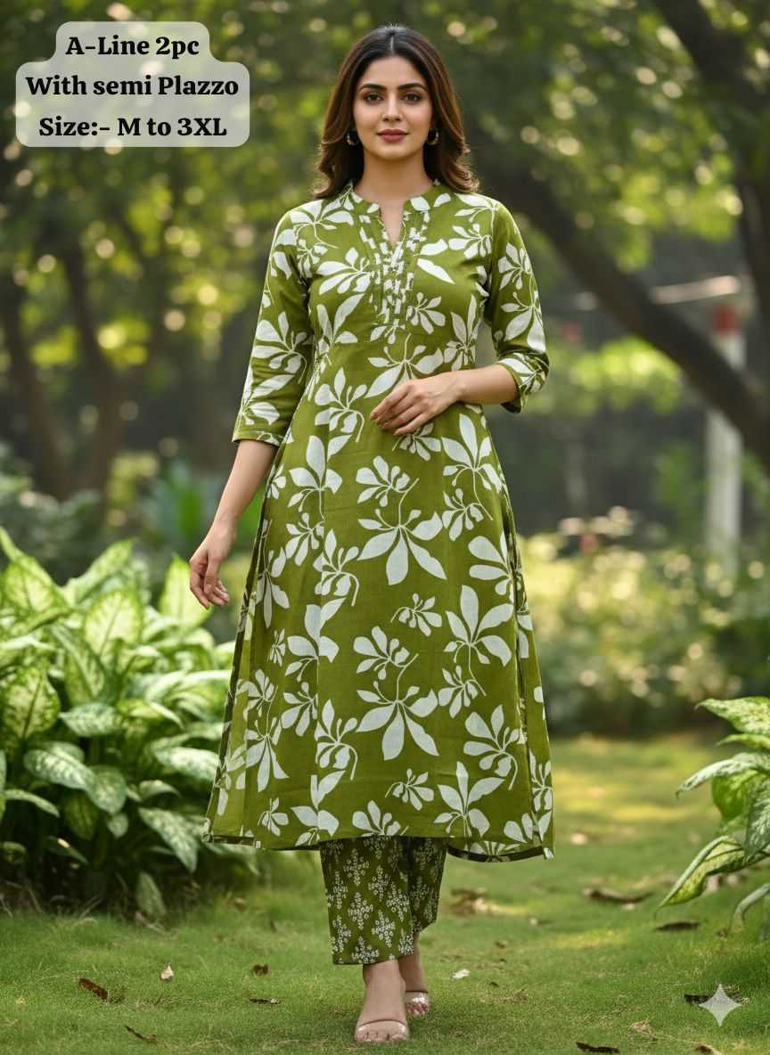 Heavy Maslin A-Line Kurti Set – Olive Floral Elegance Edition