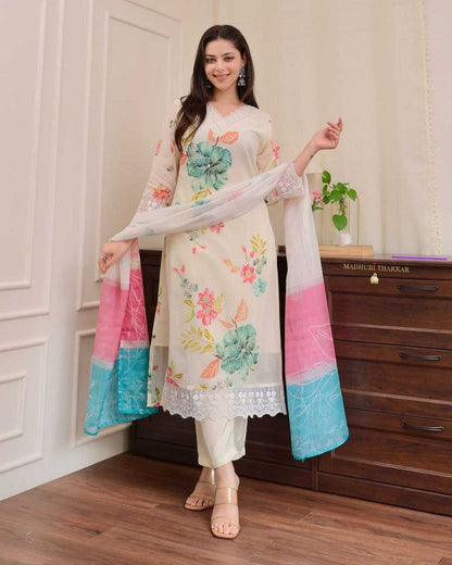 Elegant Floral Organza Suit Set – Pastel Bloom Edition