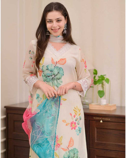 Elegant Floral Organza Suit Set – Pastel Bloom Edition