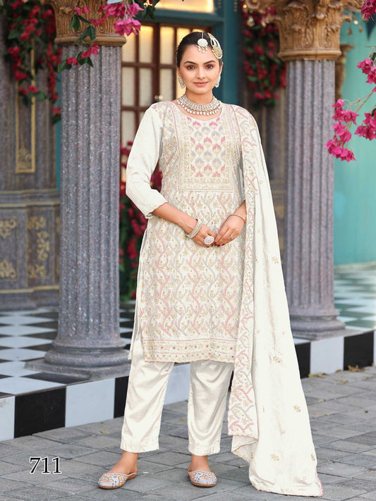 LayrLuxe “Ivory Royale Chinon Silk Embroidered Set” – Kurta, Pant & Dupatta Set