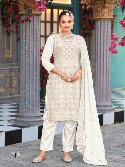 LayrLuxe “Ivory Royale Chinon Silk Embroidered Set” – Kurta, Pant & Dupatta Set