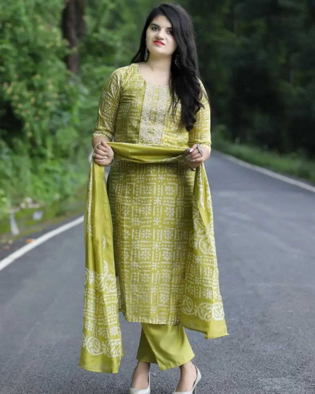 LayrLuxe “Olive Breeze Rayon Comfort Set” – Printed Kurta, Pant & Dupatta Set
