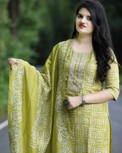 LayrLuxe “Olive Breeze Rayon Comfort Set” – Printed Kurta, Pant & Dupatta Set