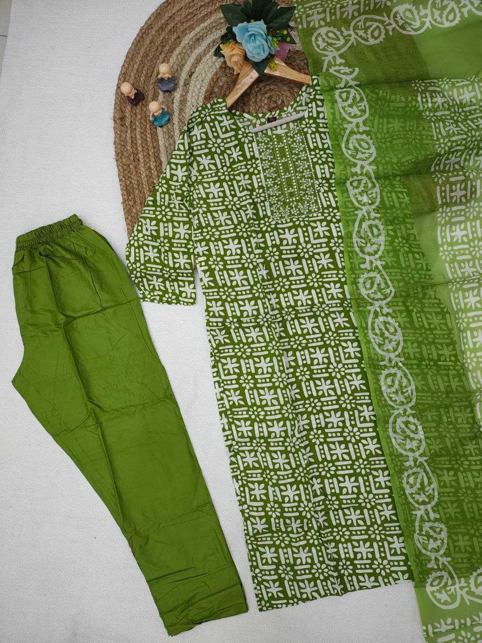 LayrLuxe “Olive Breeze Rayon Comfort Set” – Printed Kurta, Pant & Dupatta Set