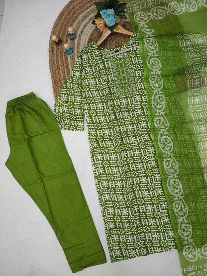 LayrLuxe “Olive Breeze Rayon Comfort Set” – Printed Kurta, Pant & Dupatta Set