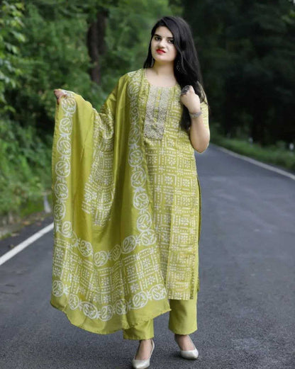 LayrLuxe “Olive Breeze Rayon Comfort Set” – Printed Kurta, Pant & Dupatta Set
