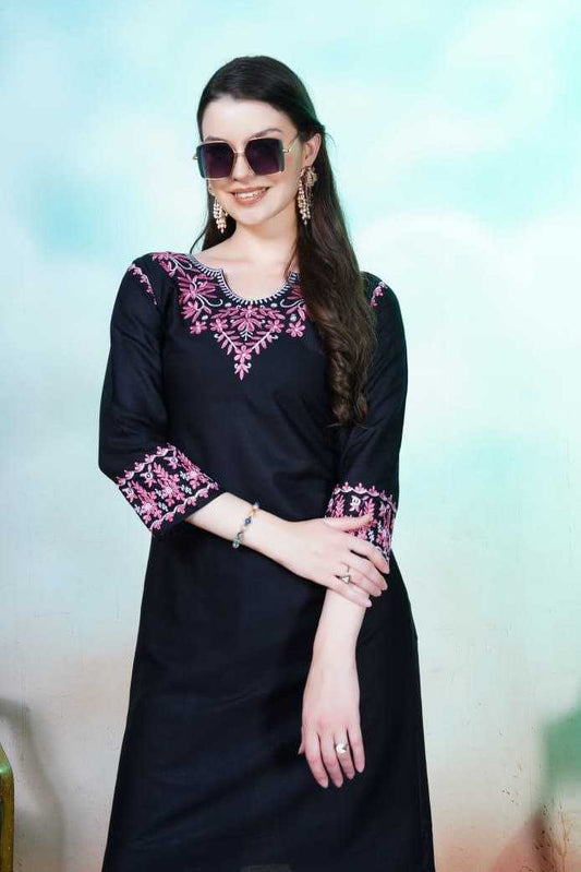 Rayon Chikankari Embroidered Kurti Set – Elegant Black Edition