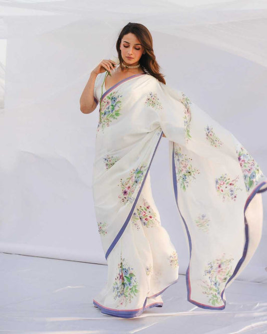 LayrLuxe “Serene Satin Bloom Edition” Ready-to-Wear Printed Satin Silk Saree – Elegant White Floral