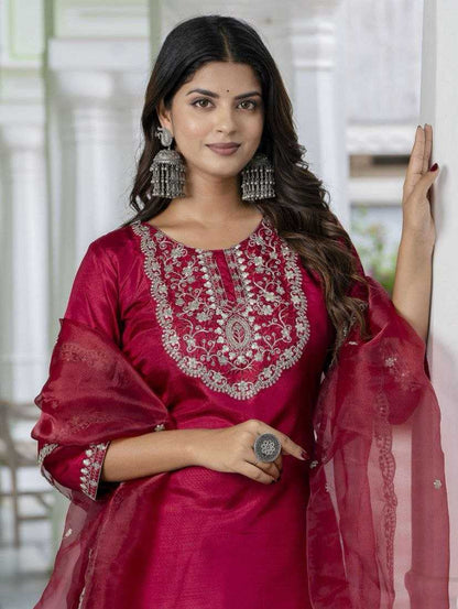 Jalpari Silk Embroidered Suit Set – Royal Ruby Edition