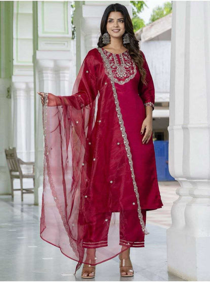 Jalpari Silk Embroidered Suit Set – Royal Ruby Edition