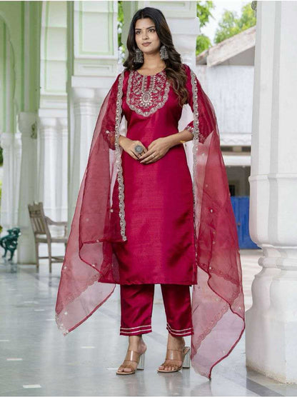 Jalpari Silk Embroidered Suit Set – Royal Ruby Edition