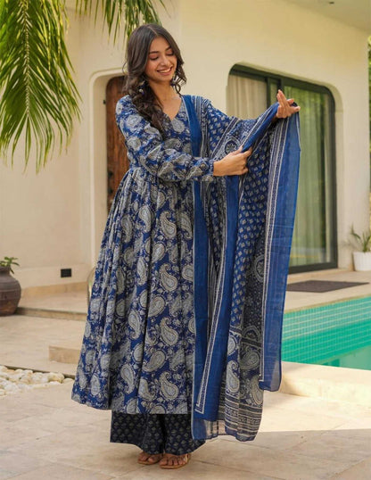 Rayon Slub Anarkali Suit Set – Elegant Blue Edition