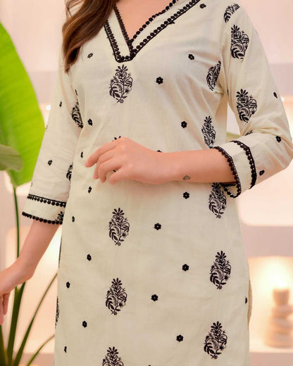 LayrLuxe “Ivory Classic Embroidered Tesla Set” – Kurta, Pant & Dupatta Set