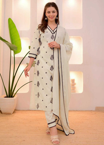 LayrLuxe “Ivory Classic Embroidered Tesla Set” – Kurta, Pant & Dupatta Set