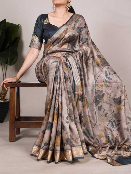 Soft Tussar Silk Floral Saree – Ivory Blossom Edition