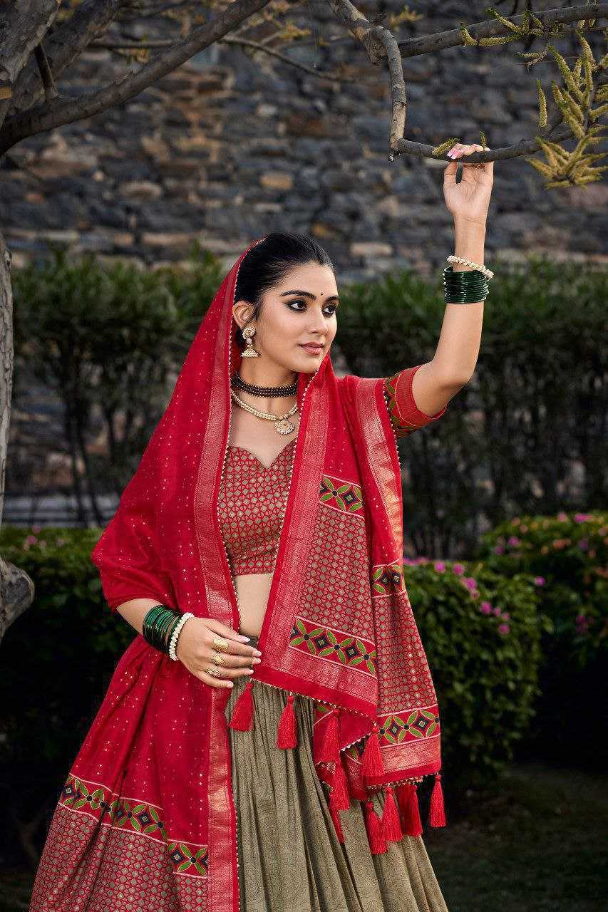 Regal Tussar Silk Printed Lehenga Set With Foil Work & Tassel Dupatta