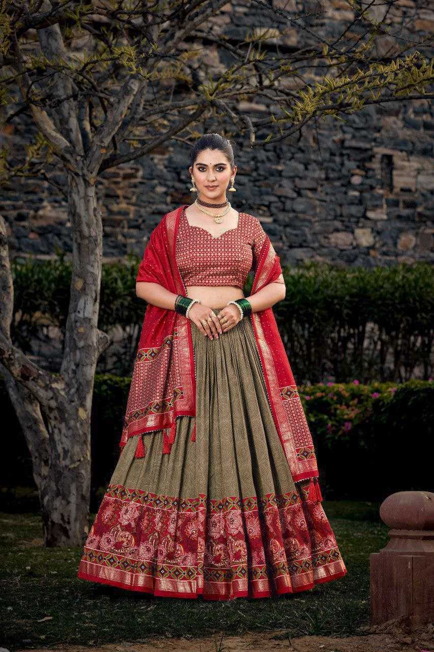 Regal Tussar Silk Printed Lehenga Set With Foil Work & Tassel Dupatta