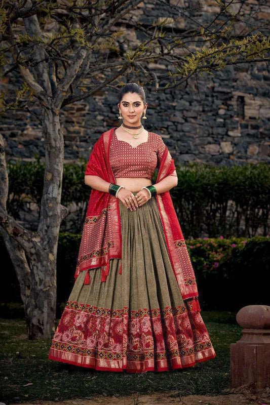 Regal Tussar Silk Printed Lehenga Set With Foil Work & Tassel Dupatta