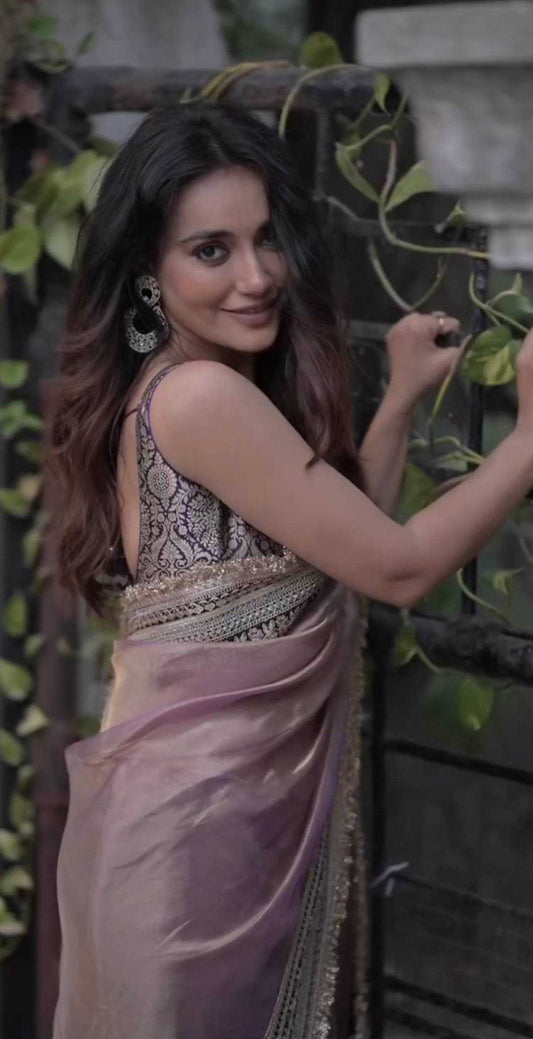 LayrLuxe “Opulent Twill Net Sequin Saree” – Soft Luxury with Floral Silk Jacquard Blouse