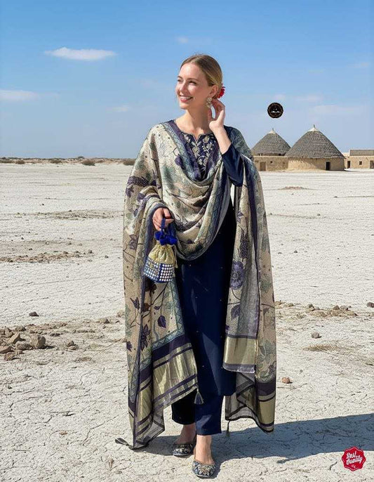 Premium Viscose Chanderi Embroidered Suit Set – Elegant Satin Dupatta & Festive Luxury